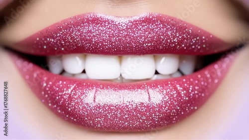 Closeup of sparkling pink glitter lips with a gradient effect, showcasing a glamorous makeup look
