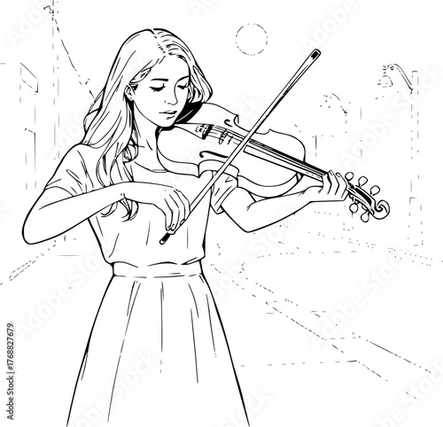 Lonely woman playing violin under moonlight on quiet street