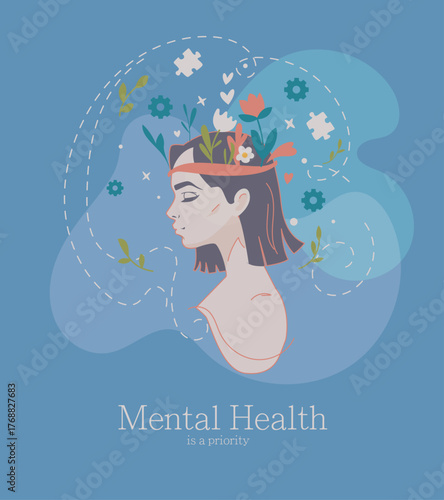 A thoughtful woman with flowers and icons emerging from her head, flat graphic style, blue abstract background. Concept of mental health and self-care. Vector illustration