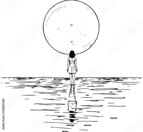 Lonely woman standing in moonlit ocean under a glowing full moon