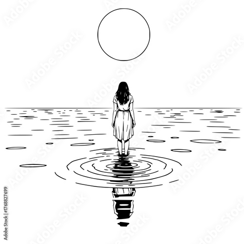 Lonely woman standing in moonlit ocean under a glowing full moon