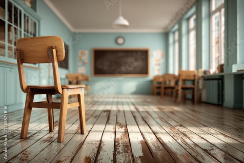 Wallpaper Mural Empty classroom with a wooden chair, blackboard, and vintage-style furniture. Perfect for illustrating education, learning, or the start of the school year. Torontodigital.ca