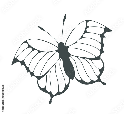 Stylized black and white butterfly with bold wing outlines and simple shapes, minimalist graphic style on white background. Concept of elegance and transformation. Vector illustration