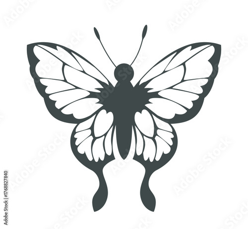 Stylized black and white butterfly with symmetrical wings and detailed patterns, flat graphic style on white background. Concept of nature and elegance. Vector illustration