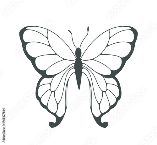 Black and white butterfly illustration with symmetrical patterned wings, minimalistic graphic style on white background. Concept of nature and elegance. Vector illustration