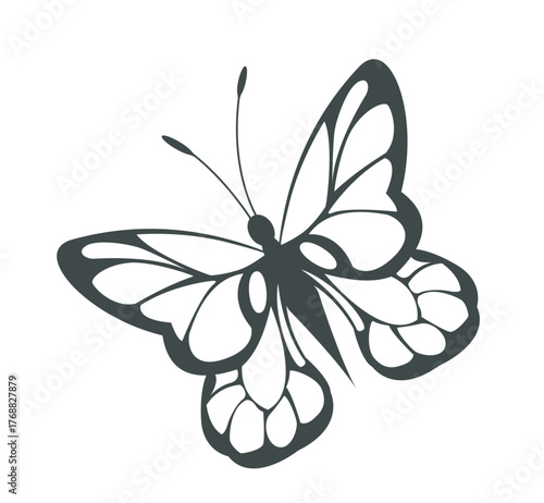 Elegant black butterfly silhouette with detailed wings and antennae, clean minimal graphic style on a white background. Concept of nature and beauty. Vector illustration