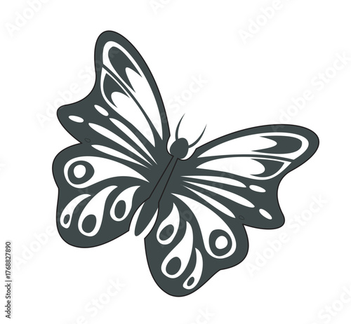Stylized black and white butterfly with intricate wing patterns, bold graphic style on white background. Concept of elegance, transformation. Vector illustration