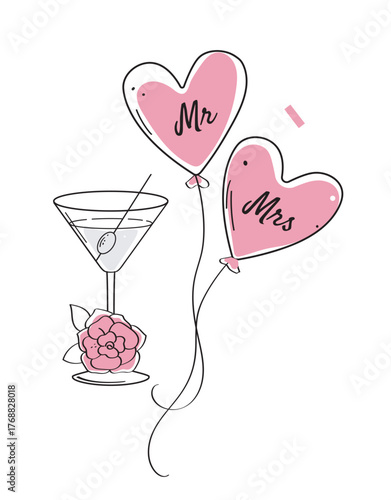 Heart-shaped pink balloons labeled Mr and Mrs float near a cocktail glass with a flower at the base, in a minimal line art style on white background. Vector illustration