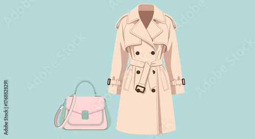 A beige trench coat next to a light pink handbag against a blue background