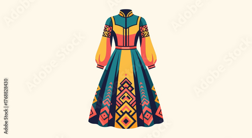 A colorful longsleeved floorlength dress with geometric patterns on a light background