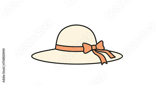 A creamcolored floppy sunhat is adorned with an peachcolored ribbon bow