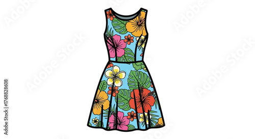A floral sundress in shades of blue pink red yellow and green with black line detailing
