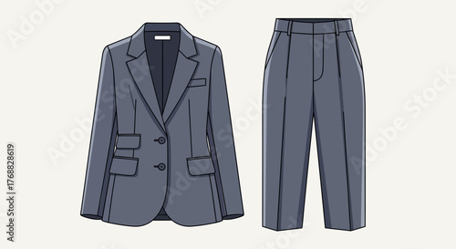 A gray twobutton suit with matching gray pants on a white background