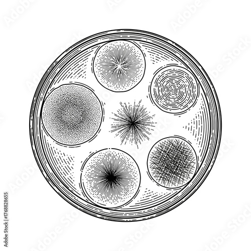 Detailed illustration of various microbial colonies in a petri dish, showcasing growth patterns