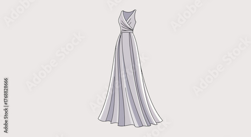 A light grey floorlength dress with a vneck and gathered waist stands on a pale backdrop