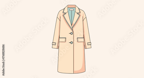 A light pink kneelength coat with two buttons and light blue trim on a plain beige background