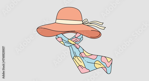 A peach hat with a beige ribbon and a blue scarf with pink and yellow shapes isolated on gray
