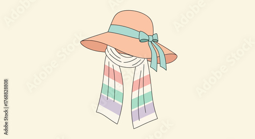 A peachcolored hat with a blue ribbon and a striped scarf hangs against a light beige background