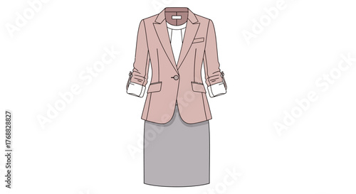 A pencil drawing of a skirt suit light pink jacket and grey skirt with a white shirt underneath