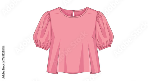 A pink blouse with short gathered sleeves and a slightly flared hem against a white background