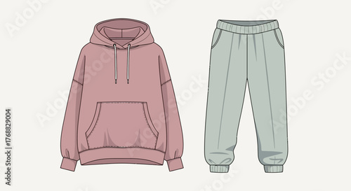 A rose hoodie and grey joggers are depicted on a white backdrop
