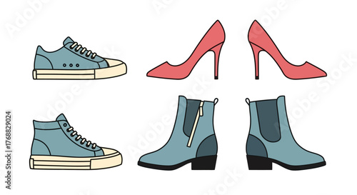 A set of six shoes two sneakers two high heels and two ankle boots arranged in two rows of three on a white background
