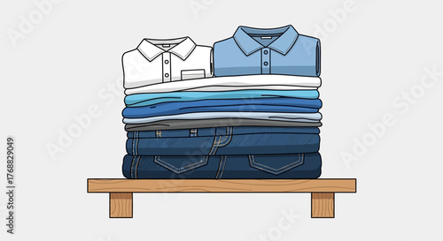 A stack of folded clothes including polo shirts and denim jeans resting on a wooden shelf