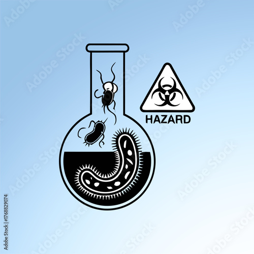Illustration of a laboratory flask containing microorganisms with a biohazard symbol indicating caution