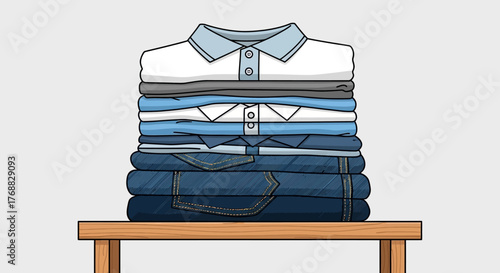 A stack of folded clothes resting on a wooden table