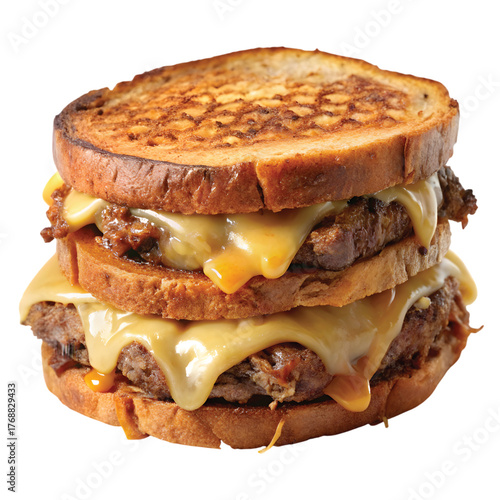 Patty Melt with Caramelized Onions: Gourmet patty melt with grilled beef patty, melted Swiss cheese, and caramelized onions between rye bread, PNG style.
