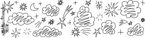 Foto Cute hand drawn with black brush cloud, star, and moon illustrations for kid designs