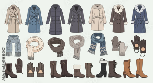 Cartoon illustration of winter apparel coats scarves gloves mittens and boots