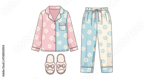 Cartoon pajama set floral buttondown pants  slippers