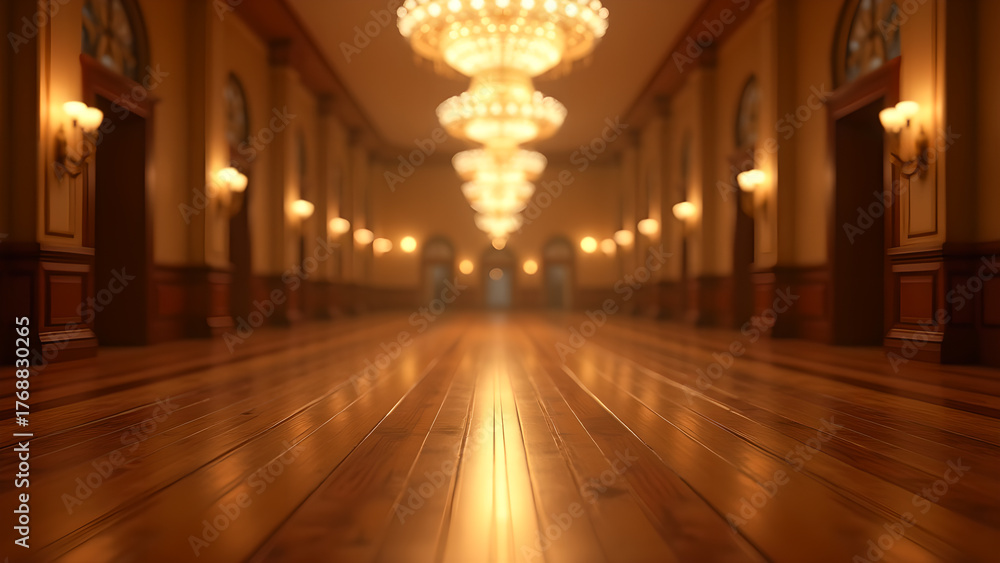 Obraz premium Illuminated perspective of long hallway with polished wooden floor reflecting the glow of