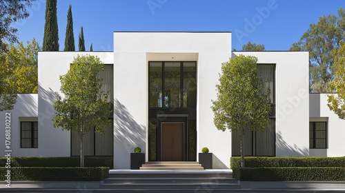 A sleek and minimalist white modern house with a striking architectural design surrounded by lush greenery and a tranquil setting