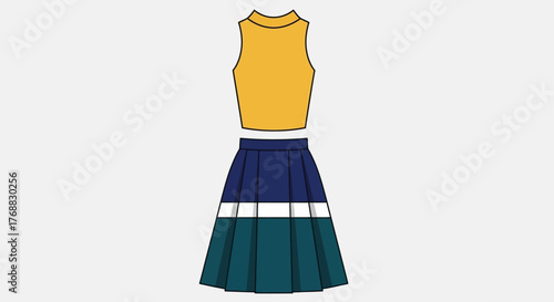 Depicts a yellow top and a pleated skirt with blue white  teal colors on a white background