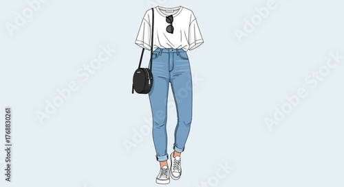 Depicts a persons outfit jeans tshirt sneakers bag and sunglasses