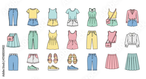 Collection of clothing sketches including shirts, tops, sweaters, and blazers on a white background.