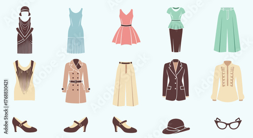 Fashionable woman's garment set including floral blouse and leather bag with black flats showcased in a stylish illustration