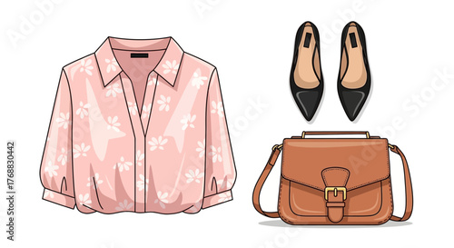 Fashion illustration of a pink blazer with rolled sleeves, grey skirt, white shirt, and accessories