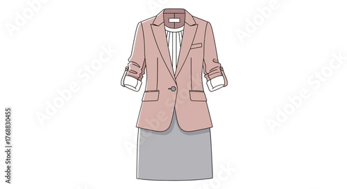 Fashionable office wear illustration featuring a pink blazer and grey skirt on a white background