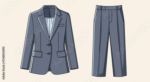 Gray suit set against a pale backdrop jacket  pants