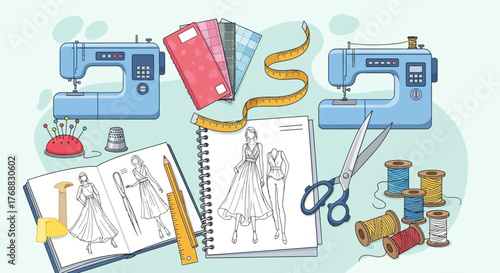 Illustration shows sewing tools machine sketches tape measure and thread on a pale background