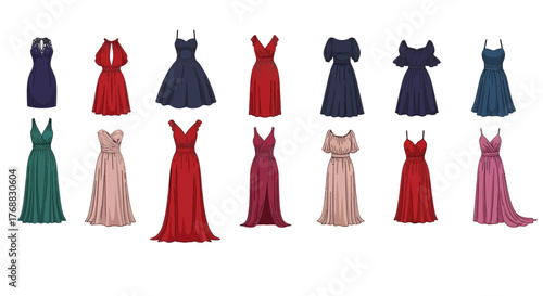 Image showcases 13 digitally drawn dresses in various colors  styles