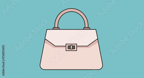 Light pink cartoon handbag with handle flap closure and black outline against a blue background