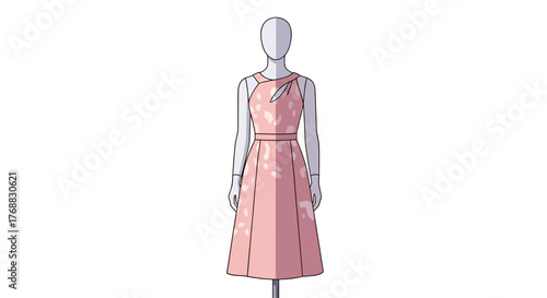 Mannequin wearing a pink dress with an asymmetrical neckline and white spots
