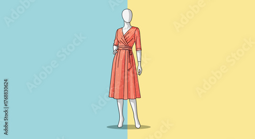Mannequin wearing coral dress with thin belt standing on a twotone background