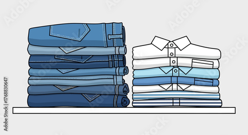 Neatly stacked folded jeans and shirts arranged on a shelf