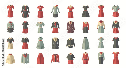 Multiple retrostyle dresses and skirts arranged in rows on a white background