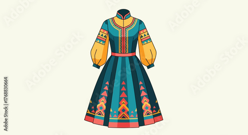 Ornate dress teal gown balloon sleeves colorful geometric trim